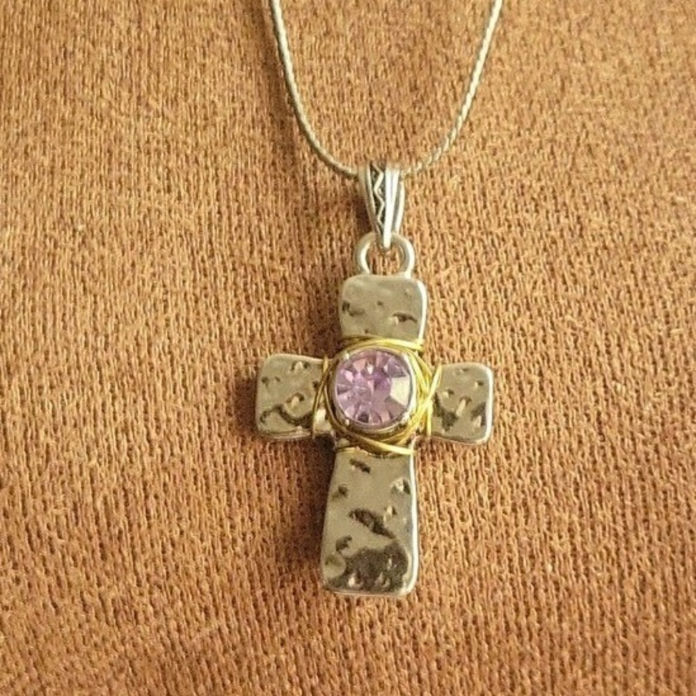 Hammered Silver Cross Necklace Purple Stone Wire Wrapped 22 Inch Whimsical